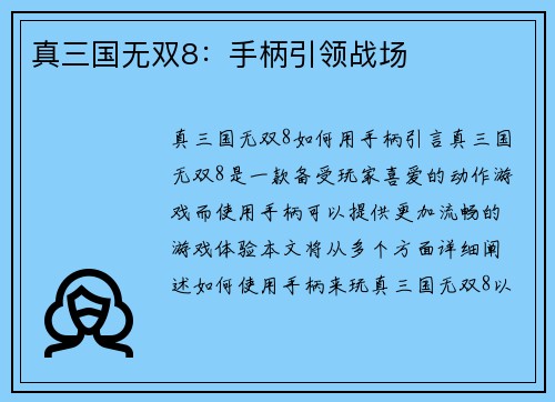 真三国无双8：手柄引领战场